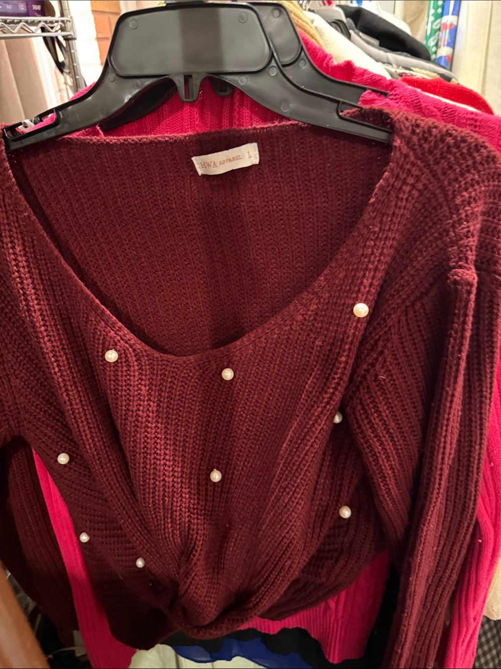 Women's Pearl-Accent Burgundy Knit Sweater
